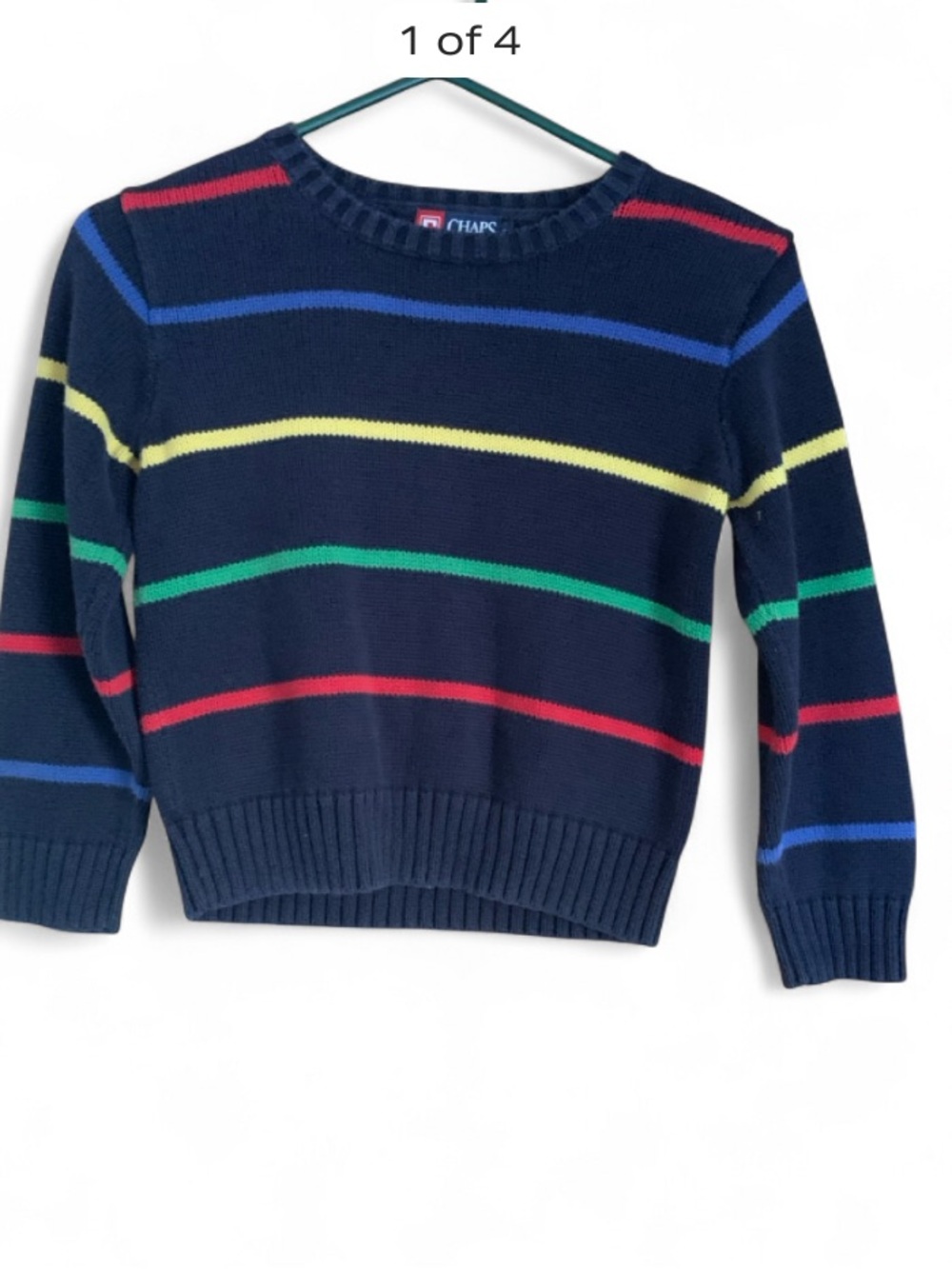 Vintage Chaps Navy Sweater with Red, Yellow, Green & Blue Stripes boys sz 6